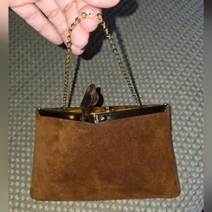 Vintage Elan Of California Brown Suede Flawless Clutch With Gold Chain